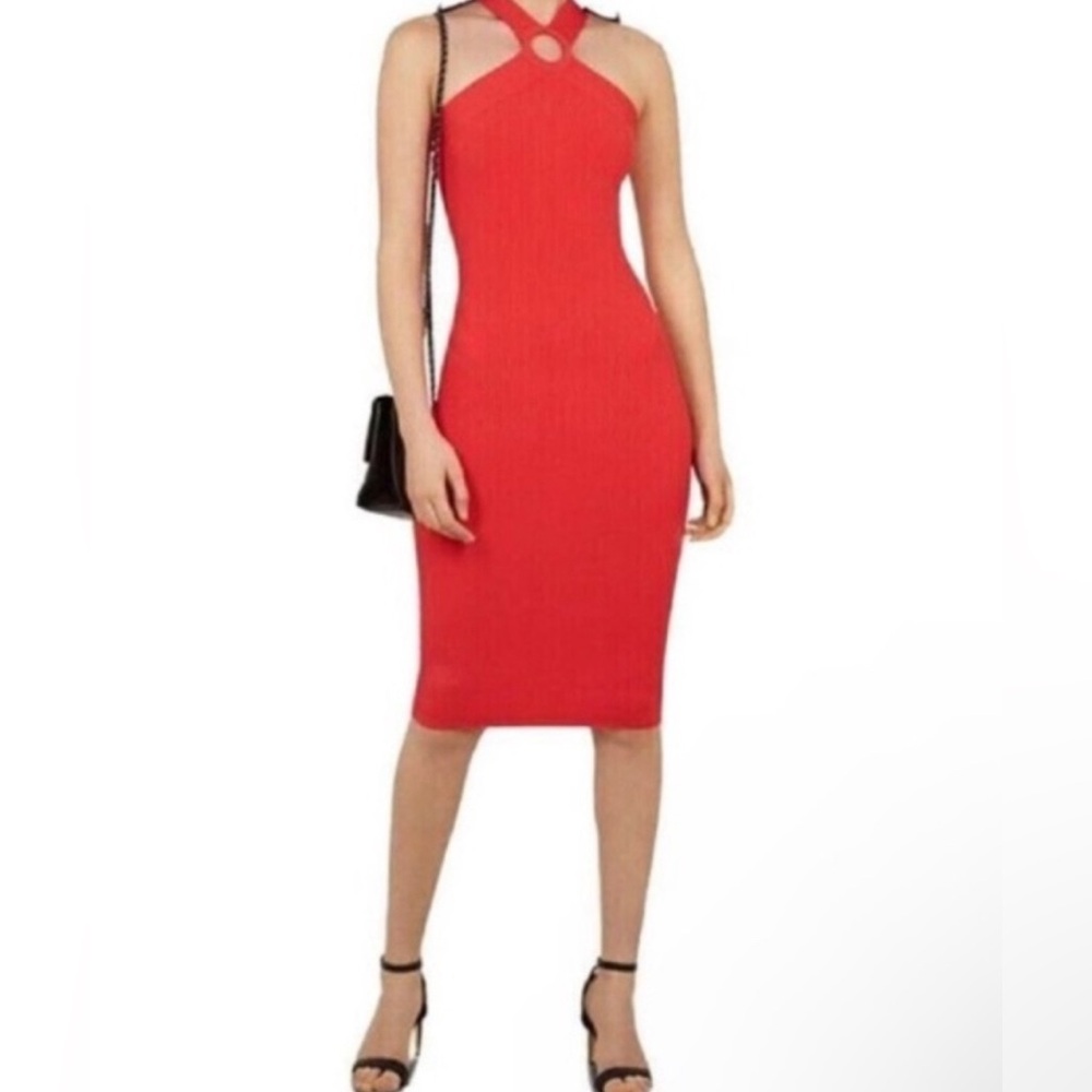 Ted Baker knitted rib body con dress in coral, size 4